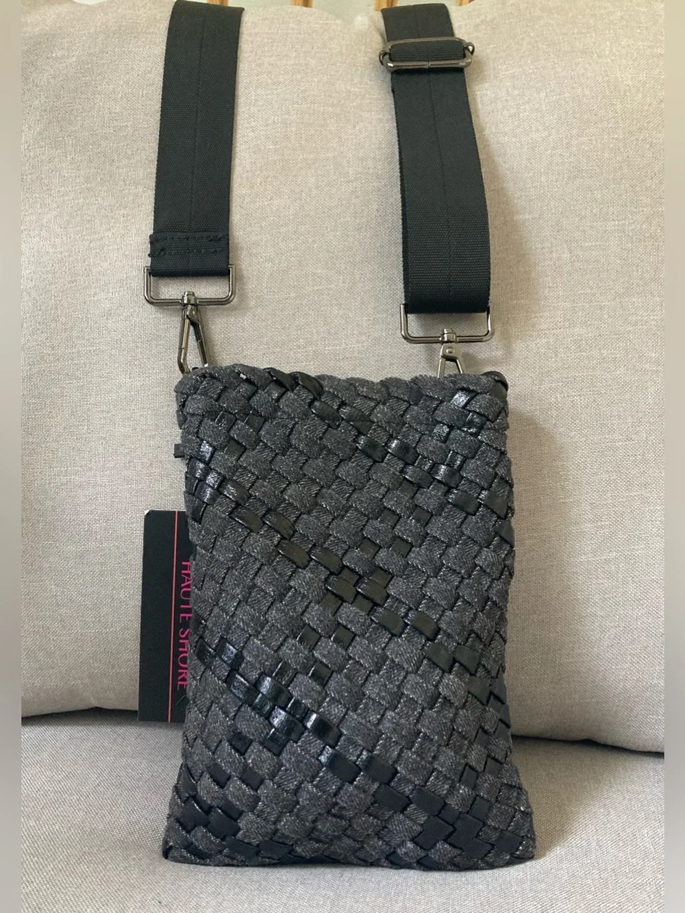 Haute Shore Shay Noir Woven Cell Phone Crossbody Bag Black Metallic NWT